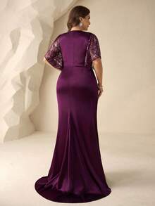 Coutiva Plus Size Purple Sequin Lace Flutter Sleeve Mermaid Evening Gown Deep V-Neckline Sparkle Sequin Embroidered Bodice Luxury Modest Wedding Guest Party - Purple - View 3