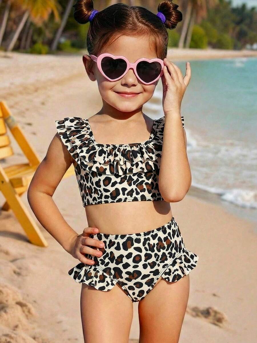 Young Girl Summer Fashion Resort Leopard Print Trim Top & Bottom 2 Pieces Set - Brown - View 1