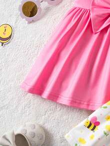 SHEIN 2pcs Newborn Baby Girl Cute Cartoon Pattern Bow Tie Ruffle Sleeve Knit Dress, Pink - Pink - View 7