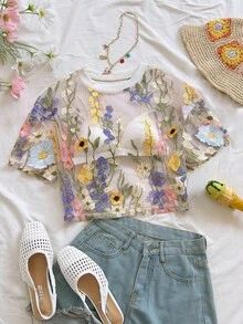 Soleia Summer Vacation Women Floral Embroidery Fashion Women Top - Multicolor - View 1