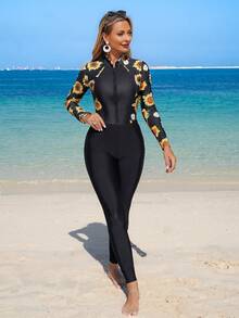 Swim Mulvari Set de 3 piezas de traje de baño burkini elegante para damas con mono de manga larga sólido y estampado de girasol, leggings y minifalda para primavera/verano - Negro - Ver 6