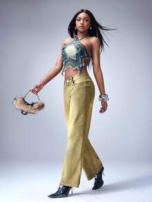 Y2Kool BiGraphic Women's Music Festival Sexy Hot Chick Y2K Yellow-Green Retro Mid-Rise Loose-Fit Distinctive Slightly Flared Casual Slimming Straight-Leg Jeans Distressed Washed Design Versatile Fashionable Pants - Yellow - View 6