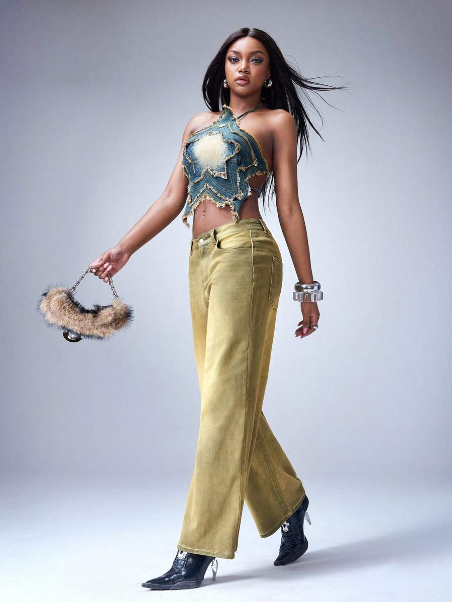 Y2Kool BiGraphic Women's Music Festival Sexy Hot Chick Y2K Yellow-Green Retro Mid-Rise Loose-Fit Distinctive Slightly Flared Casual Slimming Straight-Leg Jeans Distressed Washed Design Versatile Fashionable Pants - Yellow - View 1