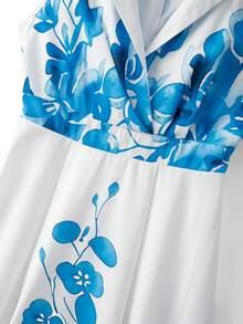 GlowEve Women's White And Blue Floral Sleeveless Deep V-Neck Contrast Color Lapel Wrap Waist Flared Maxi Dress,Summer Elegant Wedding Guest Resort Style - Multicolor - View 5