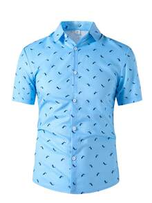 SHEIN 1 chiếc áo sơ mi ngắn tay dáng ôm màu xanh hoa văn dành cho thiếu niên nam, trang phục đồng phục học sinh thanh lịch, trang phục thường ngày thoải mái, phong cách tối giản. - Màu xanh lam - Xem 1