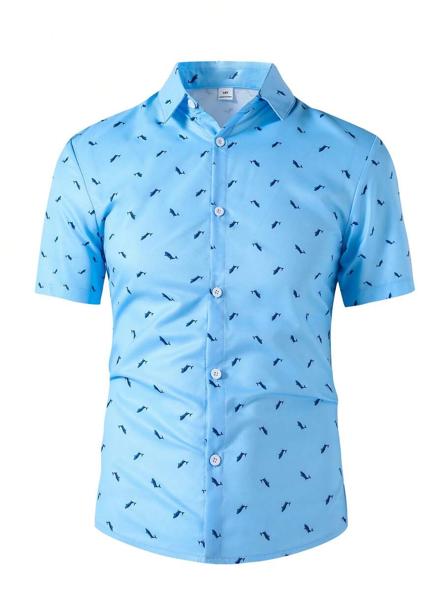 SHEIN 1 chiếc áo sơ mi ngắn tay dáng ôm màu xanh hoa văn dành cho thiếu niên nam, trang phục đồng phục học sinh thanh lịch, trang phục thường ngày thoải mái, phong cách tối giản. - Màu xanh lam - Xem 1