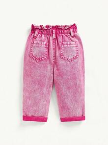 Cozy Pixies Baby Girl Summer Boho Cute Ruffle Waist Baggy Soft Denim Jeans Pants With Rolled Up Hem - Pink - View 2