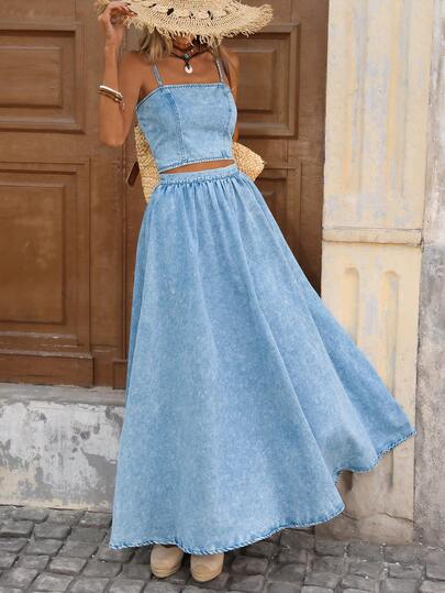 Brillora Women's Summer Vacation Washed Denim Camisole And Denim Skirt Set Summer Outfits Summer Holiday Outfits Spring Break Outfits Valentine Outfits For Women Carnival Costume For Women Party Set For Women Beach Outfit For Women Beach Set Summer Holiday Outfits Vacation Outfits For Women Casual Sets For Women Women's Two Pieces Denim Set Strappy Crop Top And Maxi Skirt Summer Outfit Light Wash