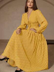 Revavyn Đầm chiffon dài tay, cổ chữ V chấm bi cổ điển, dáng suông, thanh lịch, thắt nơ phía trước, chất liệu 18g. - Màu vàng - Xem 1