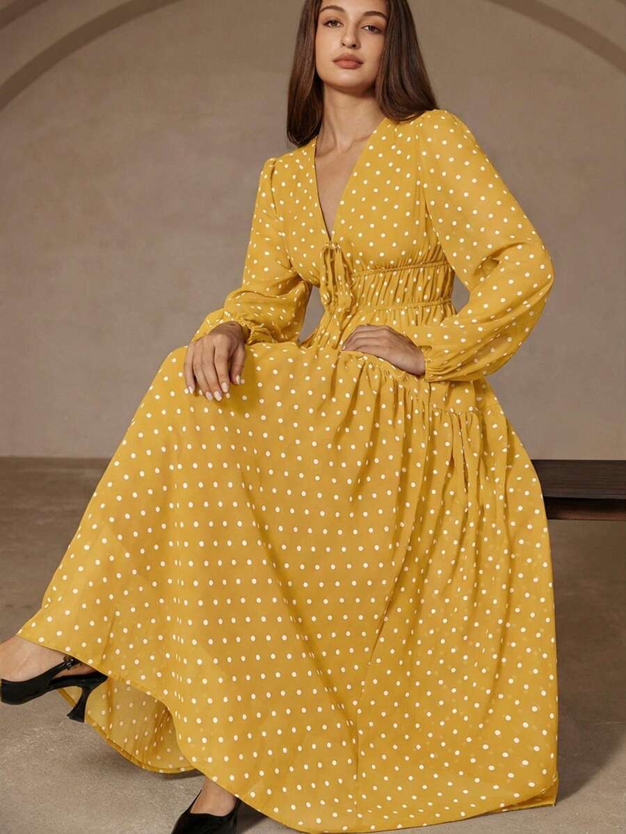 Revavyn Đầm chiffon dài tay, cổ chữ V chấm bi cổ điển, dáng suông, thanh lịch, thắt nơ phía trước, chất liệu 18g. - Màu vàng - Xem 1