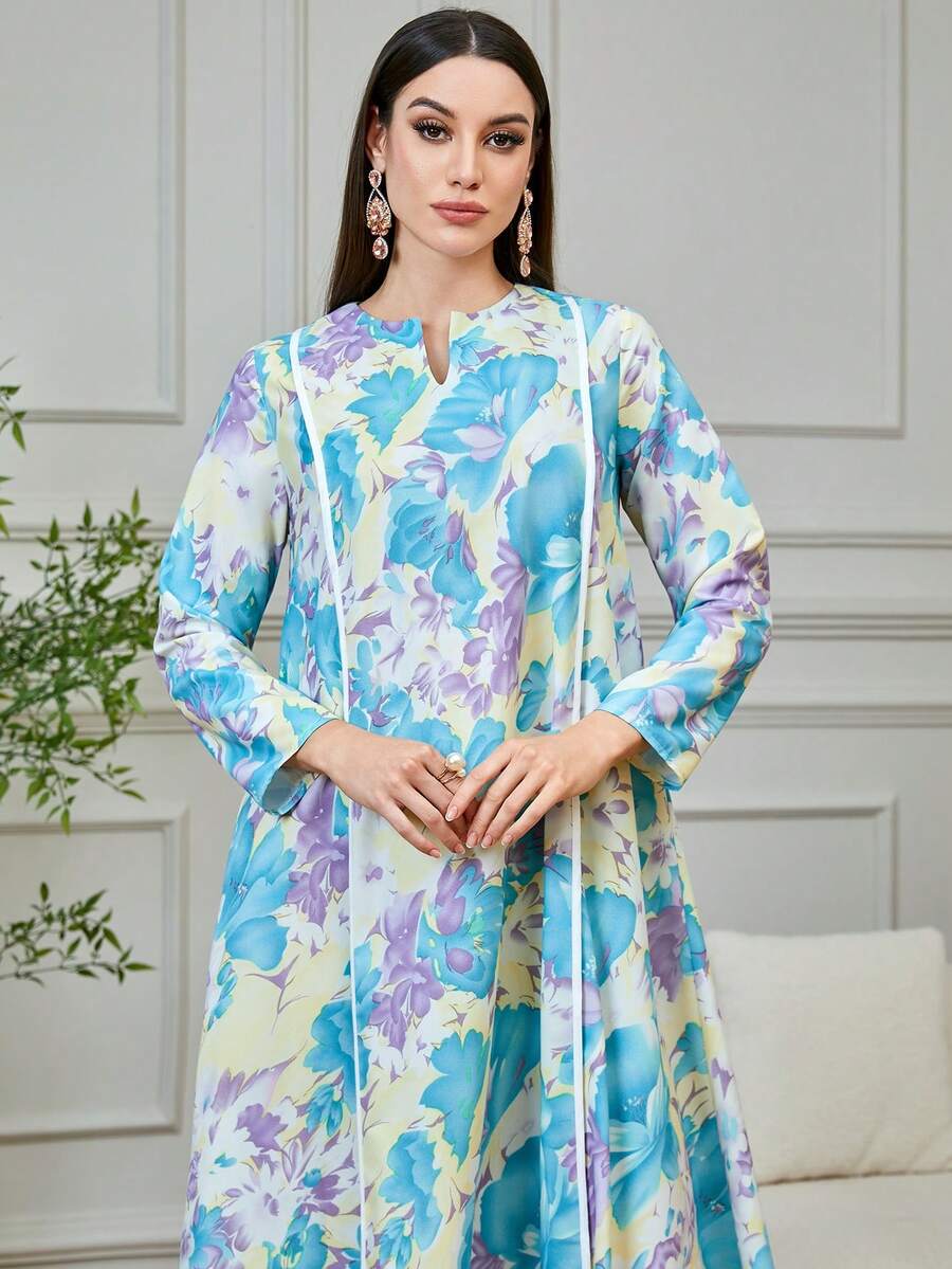 Yasmyna Women's Floral Print Long Sleeve Dress, Minimalist & Versatile - Teal Blue - View 1