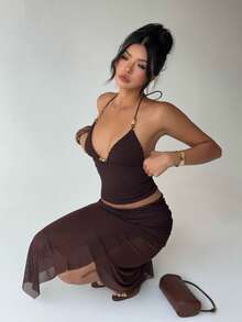 Aloruh 女士优雅度假风提花纹理套装，波西米亚风网纱拼接紧身半身裙和吊带背心套装 - 咖啡棕 - 查看 7