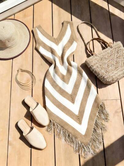 Trelyra 新款夏季性感修身菱形撞色高端时尚复古法式优雅轻盈针织V领无袖流苏下摆女装