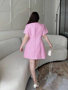 Vibekara Plus Size Round Neck Short Sleeve Elegant Front Button Summer Dress - Pink - View 2