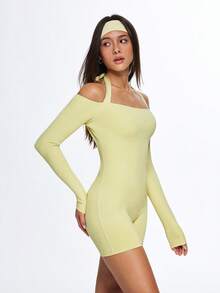Eassivo Eassivo Women's Pale Yellow One‑Piece Playsuit With Halter Tie,Halter Neck Tie, Off‑Shoulder Design, Quick‑Dry Stretch Fabric,One Piece Jumpsuit Shorts,Tennis Romper,Fitness Romper,One Piece Athletic Romper - Yellow - View 6