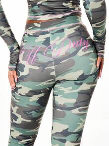 SUMWON WOMEN Camouflage Printed High Rise Capri Leggings With Pink Script Back Print Military Style Stretchy Workout Bottoms Fall Winter Activewear - Army Green - View 4