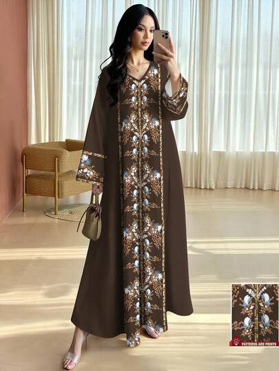 SHEIN Najma Vintage Floral & Plant Print Sequin-Like Texture Pattern Women's Dress, Fashionable V-Neck Long Sleeve Maxi Dress For Spring/Summer, Elegant Arabic Style