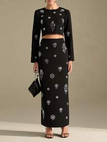 CLARA VERO Women's Rhinestone Embellished Crew Neck Long Sleeve Waist Cinched Long Skirt 2 Pieces Set - Black - View 5