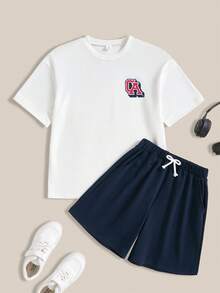SHEIN Casuvi Kids Boys Everyday White Short Sleeve T-Shirt And Bermuda Shorts Co-Ord Set With California Letter Print And Pockets - White - View 6
