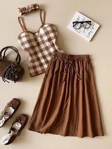 Muvela New Spring/Summer Coffee Brown Elastic Waist Drawstring Adjustable Ruched A-Line Skirt, Versatile Summer Outfit - Brown - View 2