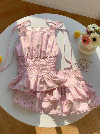 Comfortcana 2026 New Arrival Spring/Summer Fashionable Women's Floral Print Ruffle Shoulder Tie Blouse And Mini Skirt 2 Pieces Outfit, Fashionable For Dates And Outings Summer Outfits For Women Valentine's Day   Vacation Outfits Women 2000s Style Floral Sets Pink Sets