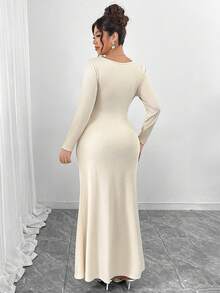 Elenzga Plus Size Soft Knit Fabric V-Neck Long Sleeve Waist Pleated Ruched Fishtail Hem Bow Decor Dress, Elegant For Outings, Gatherings, Dates, Formal Events - Apricot - View 2