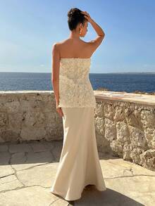 CLARA VERO Women 3D Floral Lace Bandeau Top And Mermaid Skirt 2 Pieces Set - White - View 7