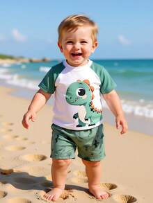 2pcs Cute Dinosaur Print Baby/Toddler Boys Swimsuit Set Baby Dinosaur Swimsuit Baby Boy Rash Guard Toddler Boy Beach Wear Dinosaur Toddler Boy Outfit Graphic Tees Baby Boy Toddler Rash Guard Boy Toddler Swim Shirts - Army Green - View 3