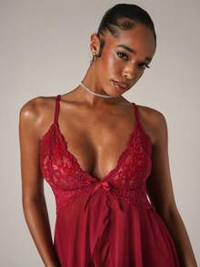 SHEIN BAE Contrast Lace Mesh Babydoll Sexy Lingerie Dress With Panty - Burgundy - View 6