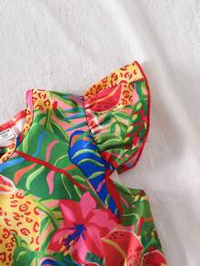Sparklyn Mono de niña preadolescente con estampado de plantas tropicales, espalda descubierta, lazo decorativo y mangas de vuelo - Multicolor - Ver 5