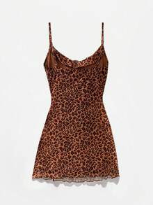 SHEIN Unity Women's Leopard Print Simple Daily Spaghetti Strap Dress Mini Short Women Outfit - Burnt Orange - View 2