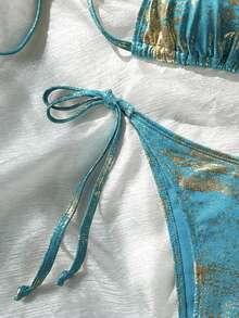 SHEIN Swim 女士吊带露背时尚夏季比基尼套装 - 藍色 - 查看 4