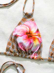 Swim Mod Women's Floral Plaid Halter Print Beach Vacation Bikini Two Pieces Swimsuit, Spring/Summer - Multicolor - View 5