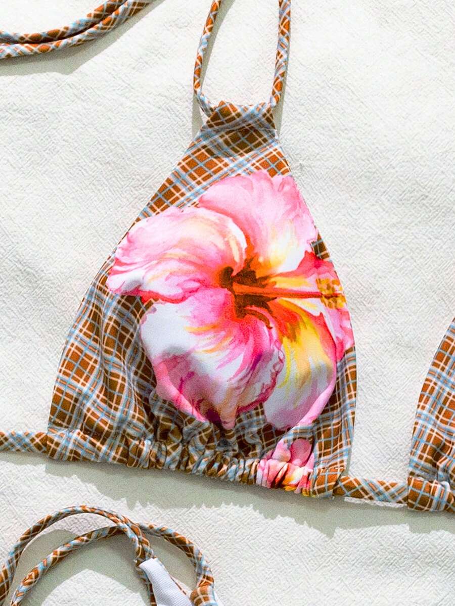 Swim Mod Bộ bikini hai mảnh họa tiết hoa kẻ caro buộc cổ dành cho nữ, thích hợp cho kỳ nghỉ biển, mùa xuân/hè. - Nhiều màu - Xem 1