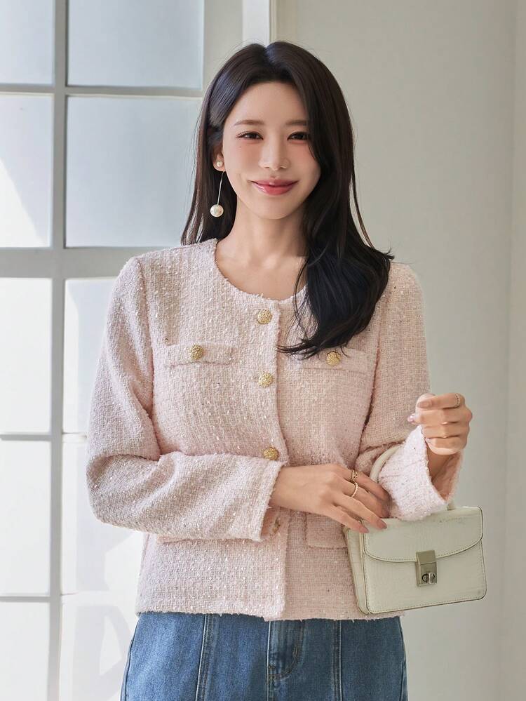 Women's Elegant Round Neck Faux Pocket Regular Jacket, Spring