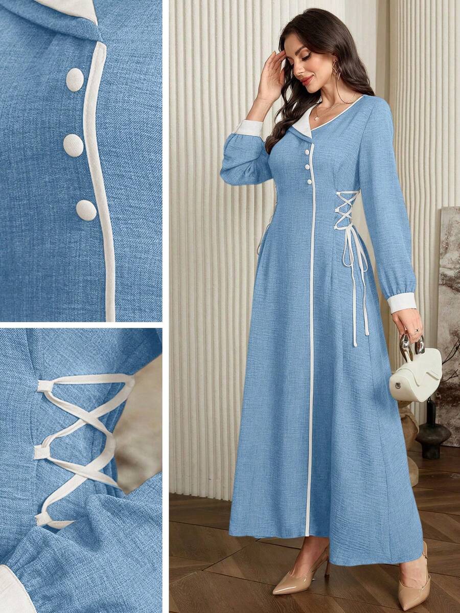 Modelyn Elegant Long Sleeve Dress With Contrast Color Trim And Drawstring Waist - Blue - View 1