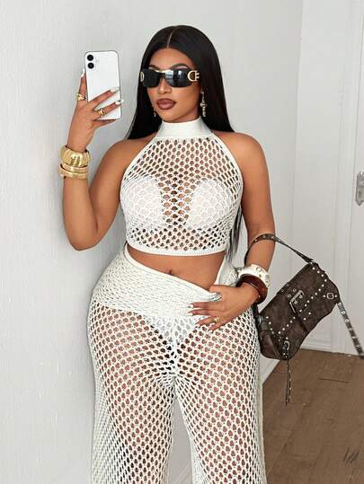 Maweii Women's Casual And Elegant Perfect For Vacation Beach Seaside Featuring Youthful And Fashionable Design High Halter-Neck Backless Sleeveless Sheer Openwork Short White Top Matching Slim-Fit Trousers Elastic Waistband With Belt Plus Sizes Knitted Three-Piece Set, Spring Summer
