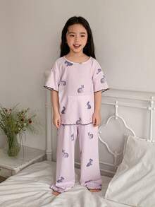 DAZY Young Girl Animal Print Short Sleeve Top And Wide Leg Pants Casual Loungewear Set - Baby Pink - View 3