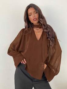 Aloruh 女士优雅通勤雪纺深V领系带长袖衬衫 - 棕色 - 查看 5