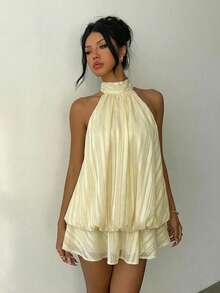 Aloruh Đầm ngắn cổ yếm màu vàng nhạt thanh lịch dành cho nữ - Màu vàng - Xem 6