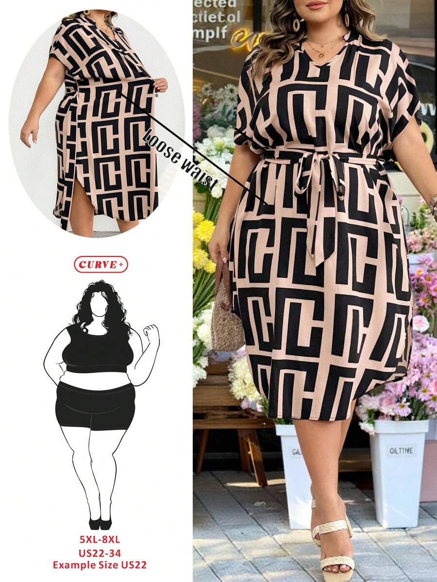 SHEIN CURVE+ Đầm thường ngày tay ngắn cánh dơi cổ chữ V họa tiết hình học cỡ lớn cho nữ/2026/Năm mới - Cà phê nâu - Xem 1