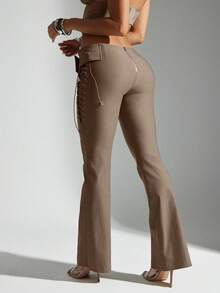 Denimoi Belted Fit & Flare Lace Up Side Mid Rise Pant - Khaki - View 6