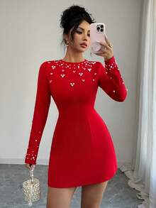 Selianne Neues asymmetrisches Bubble-Perlen elegantes rotes A-Linien Minikleid mit langen Ärmeln, geeignet für Dates, Partys und Zusammenkünfte - Rot - Übersicht 6