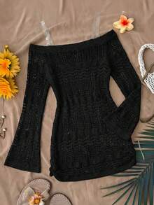 SHEIN Teen Girls Off Shoulder Knot Side Cover Up Dress Without Bikini, Summer Beach Vacation Dress With Ruched Butterfly Tie Design - Black - View 2