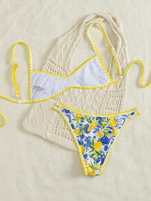 Swim Mod 女士沙滩春夏音乐节柠檬印花贝壳边性感度假风细肩带高衩比基尼套装 - 彩色 - 查看 2
