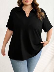 SHEIN CURVE+ 大码女式纯色 Polo 领短袖休闲百搭 T 恤/2026/新年 - 黑色 - 查看 8