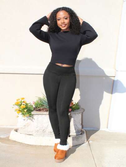 Steph T Women Solid Color Elastic Waist Ribbed Thermal Lined Leggings, Autumn/Winter