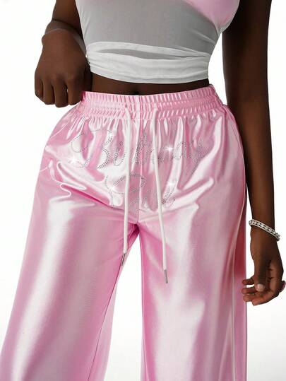 Amplova Women's Shiny Pink Loose Y2K Style Pants, Sexy Sporty Casual Cute & Avant-Garde, Suitable For Outings, Straight Leg & Drawstring Waist