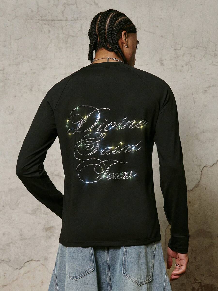 PAVTROS Men's Street Style, Fashion, Ins Style Round Neck Long Sleeve T-Shirt, Fitted Knit Long Sleeve T-Shirt, Shiny Personalized, Unique Style, Luxury Sparkling Rhinestone Design, Interesting Retro Handwritten Pattern Design, Casual Daily, Street Fashion, Party, Back To School, Fashion, Holiday Gift, Boyfriend Gift - Black - View 1