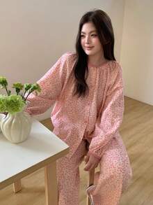 Dazy Plus 大码女式印花圆领长袖上衣和阔腿裤休闲家居服套装 - 粉色 - 查看 4